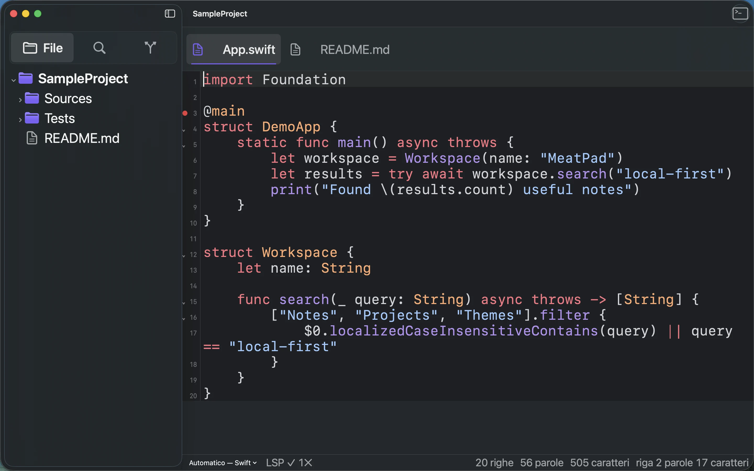 MeatPad version 0.31.4 it — Una finestra di progetto con un file Swift di esempio, albero dei file, schede e stato del linguaggio.