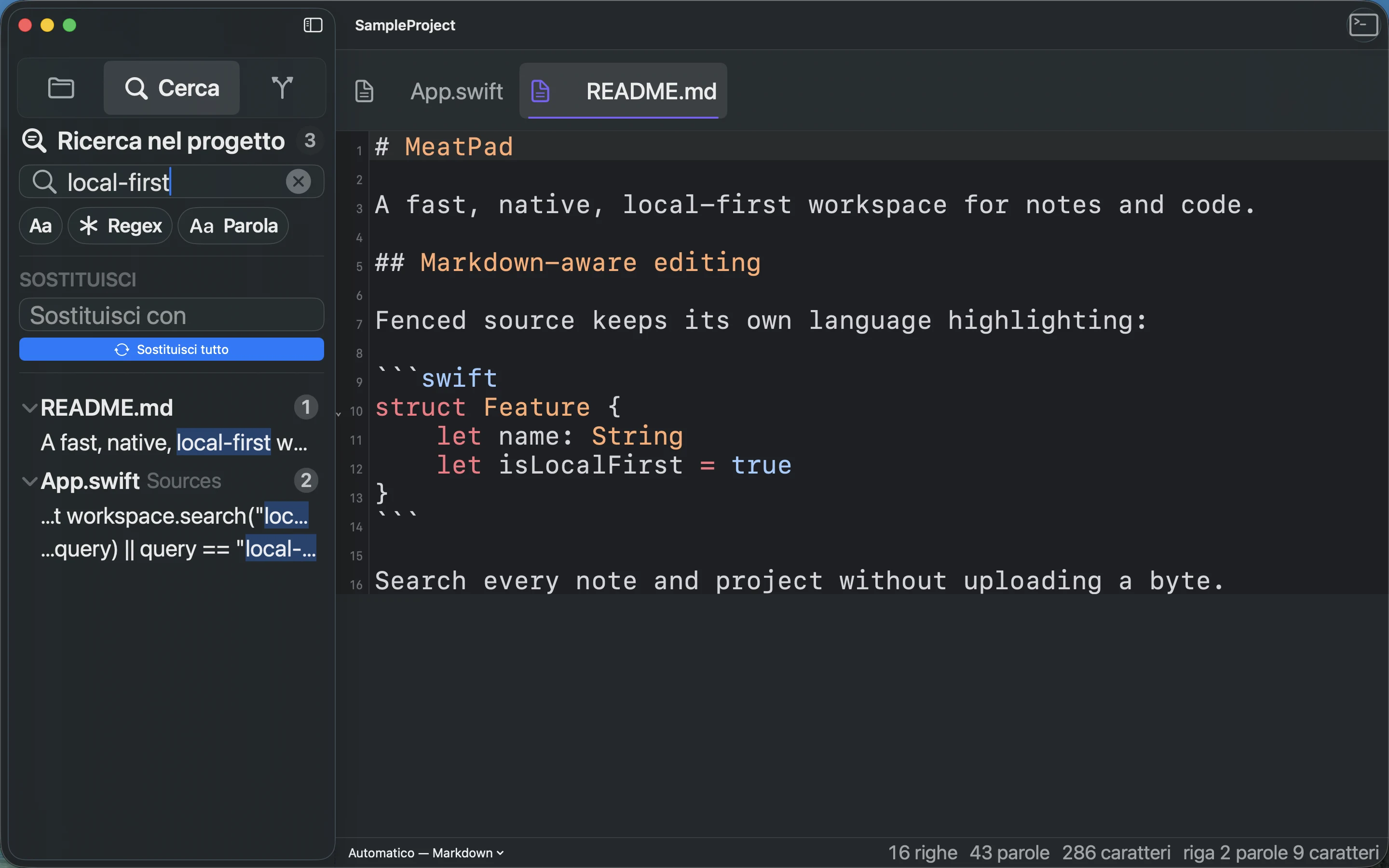 MeatPad version 0.31.4 it — La ricerca di local-first nell’intero progetto, con risultati raggruppati per file e controlli di sostituzione.