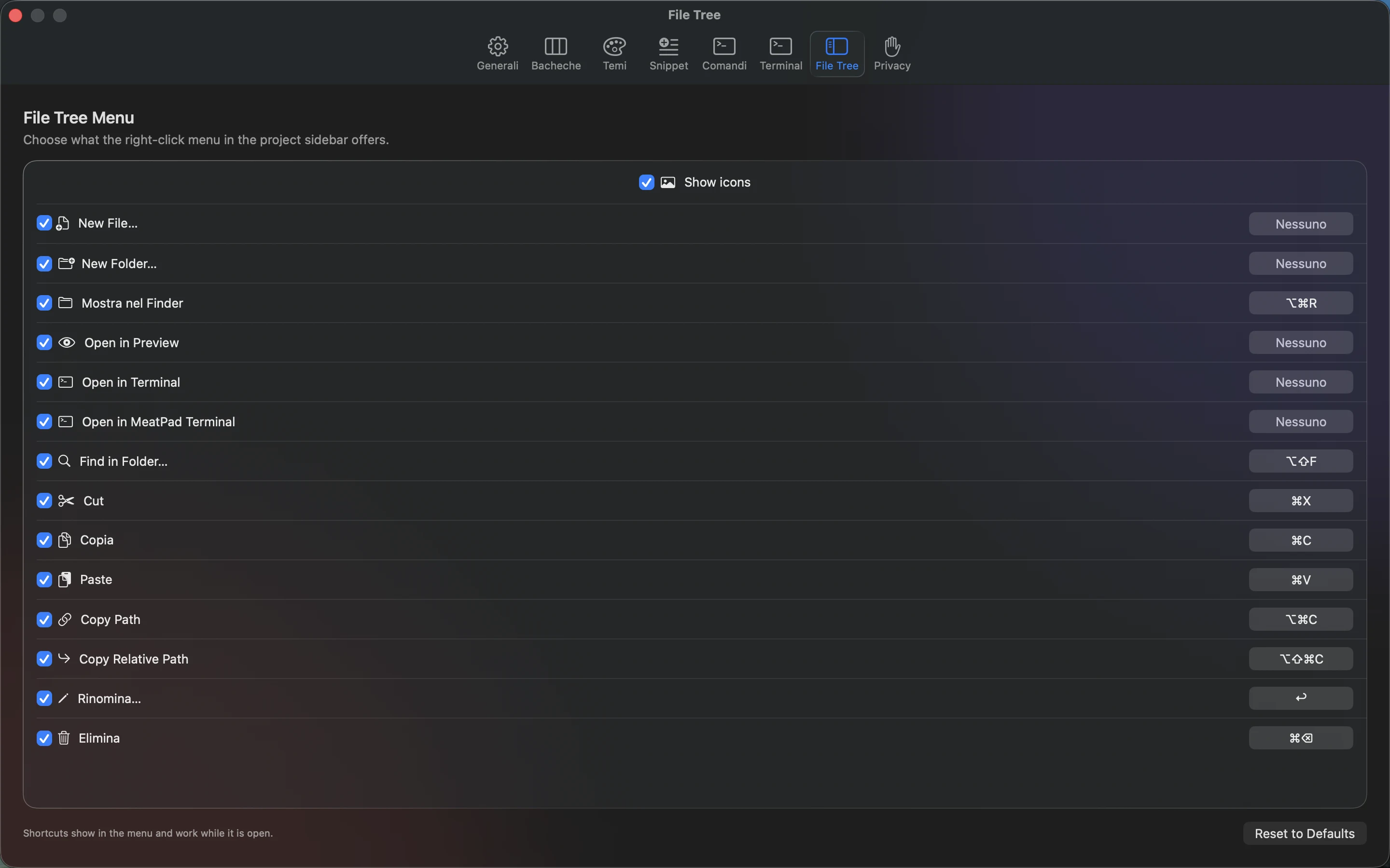 MeatPad version 0.31.4 it — Le impostazioni File Tree di MeatPad.