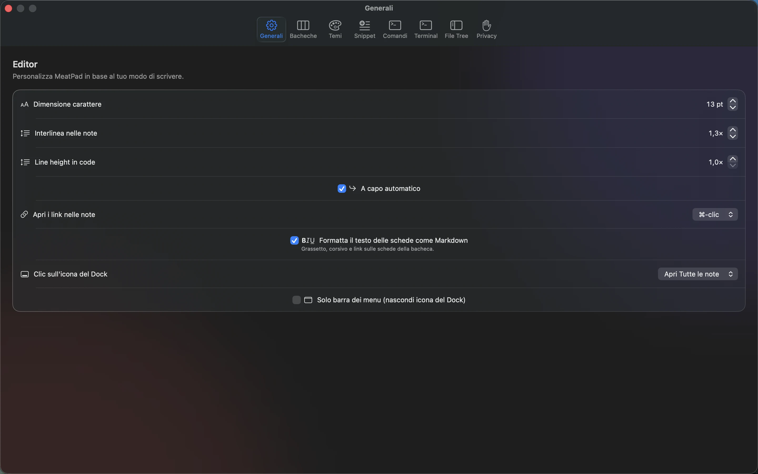 MeatPad version 0.31.4 it — Le impostazioni General di MeatPad.