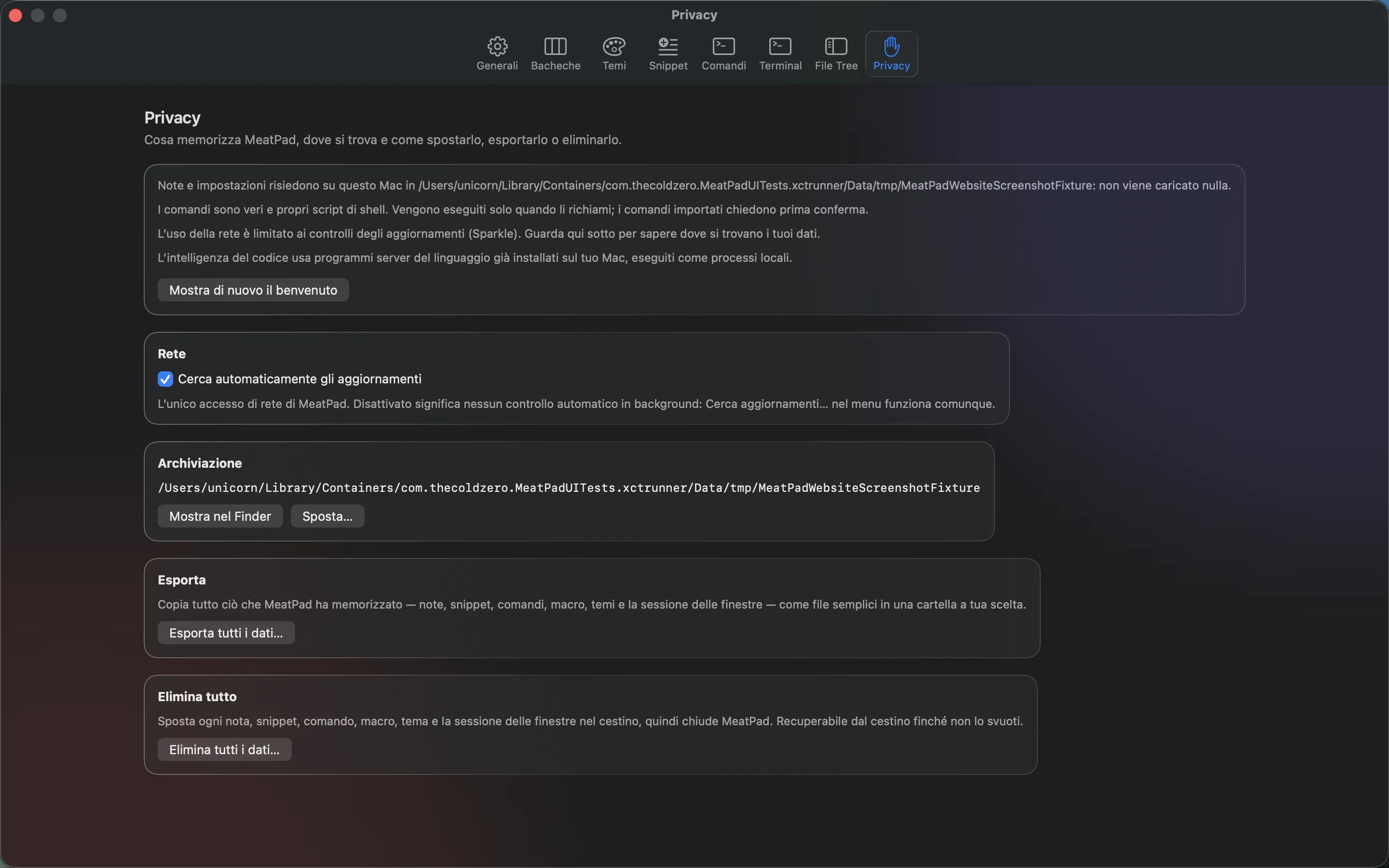 MeatPad version 0.31.4 it — Le impostazioni Privacy con opzioni di aggiornamento, archiviazione, esportazione ed eliminazione.