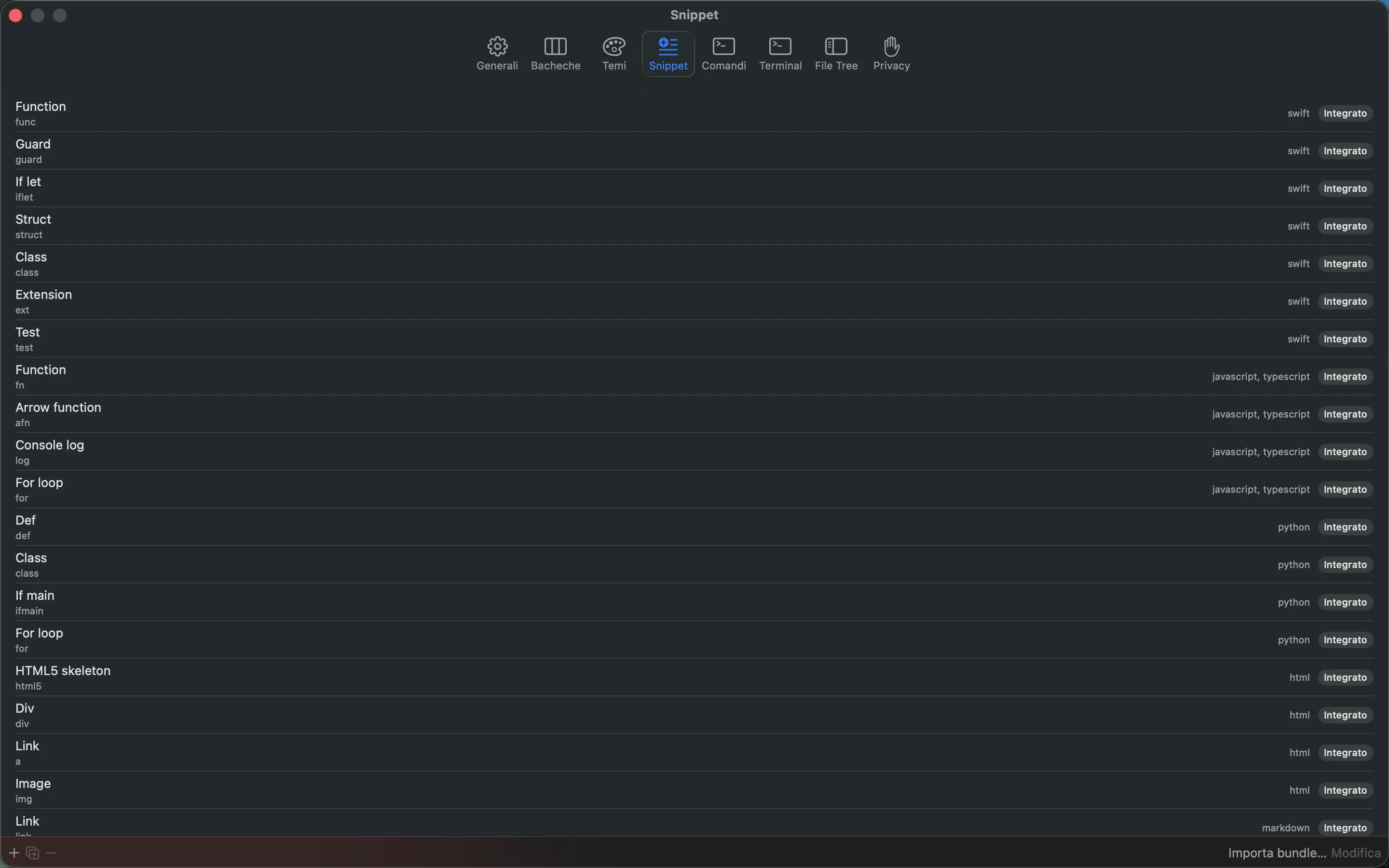 MeatPad version 0.31.4 it — Le impostazioni Snippets di MeatPad.