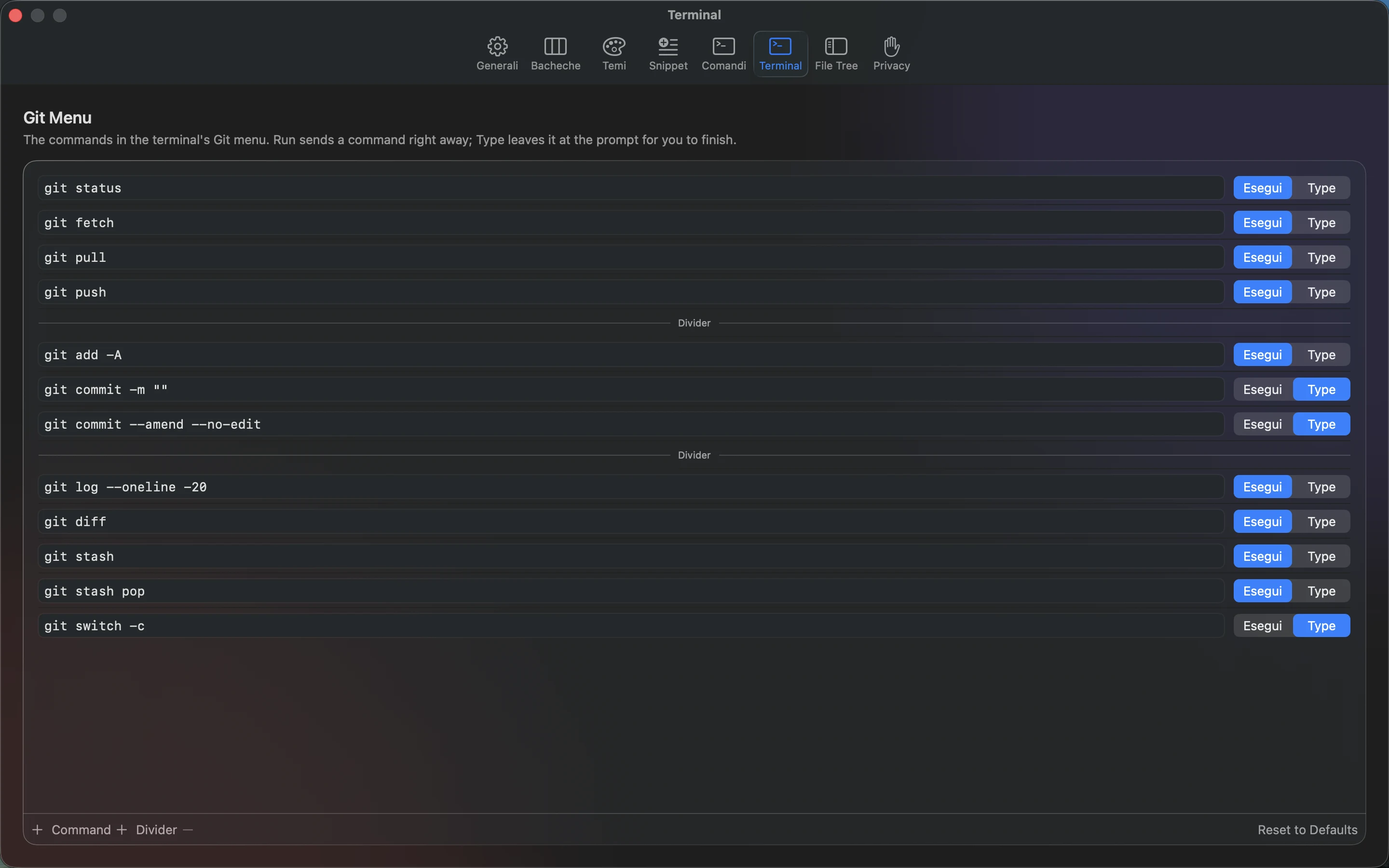 MeatPad version 0.31.4 it — Le impostazioni Terminal di MeatPad.