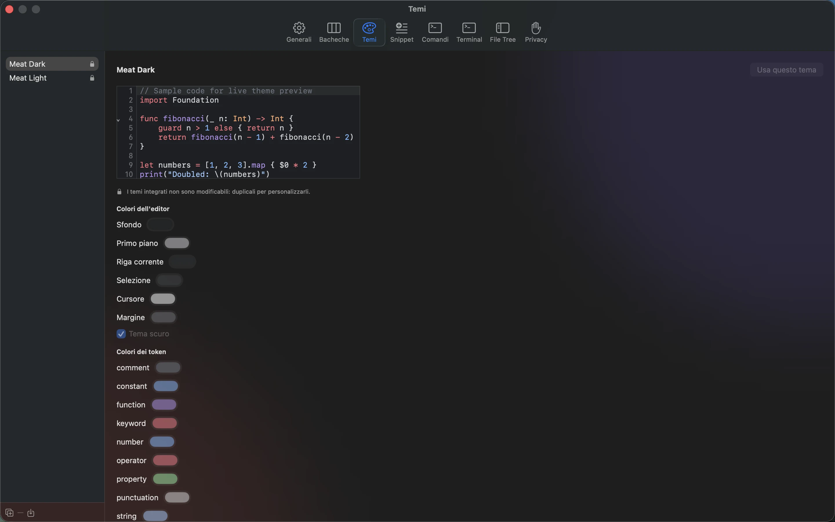 MeatPad version 0.31.4 it — Le impostazioni Themes con temi integrati, anteprima Swift e colori dell’editor e dei token.