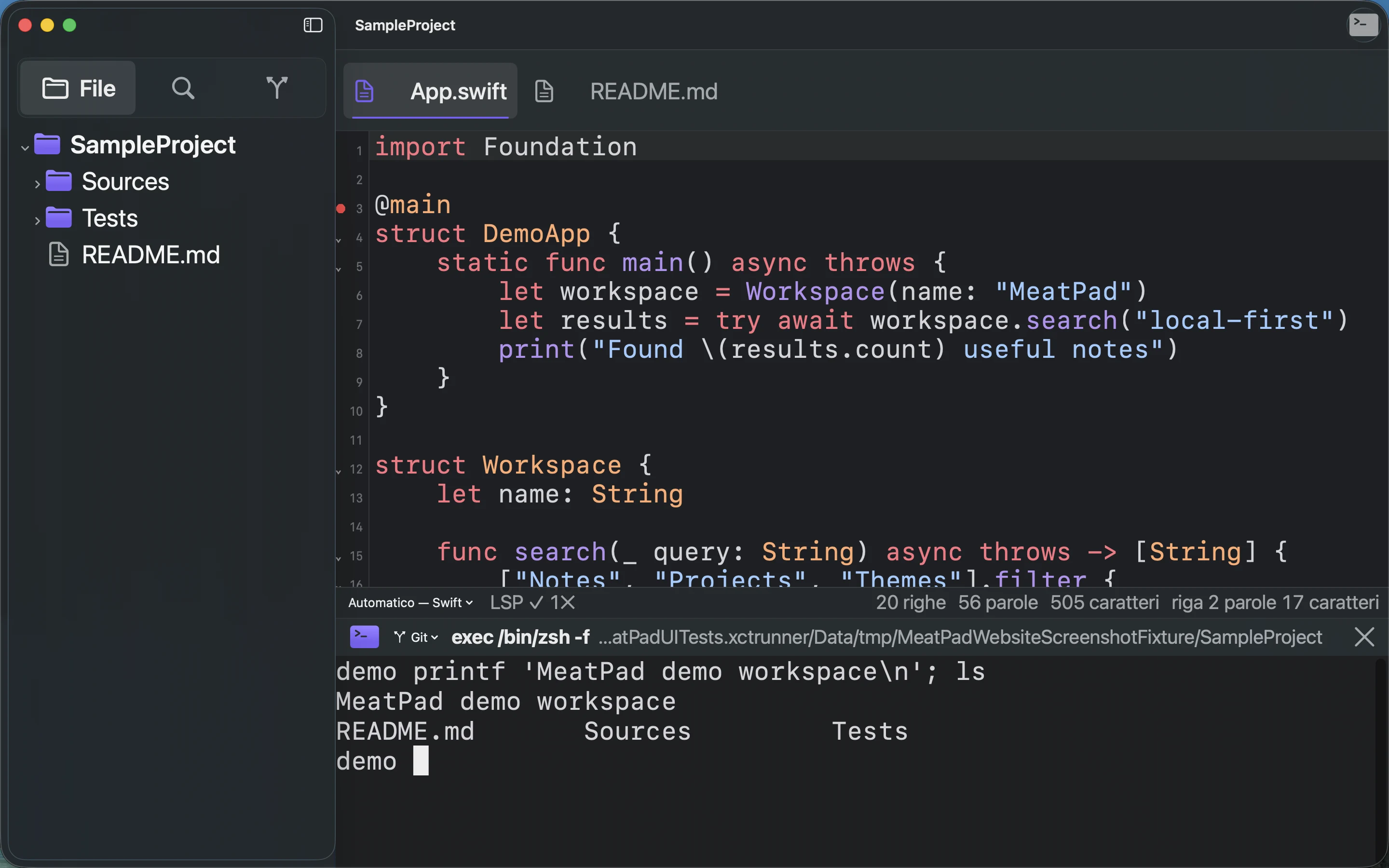 MeatPad version 0.31.4 it — Il terminale del progetto con un output printf innocuo e l’elenco dei file del progetto di esempio.