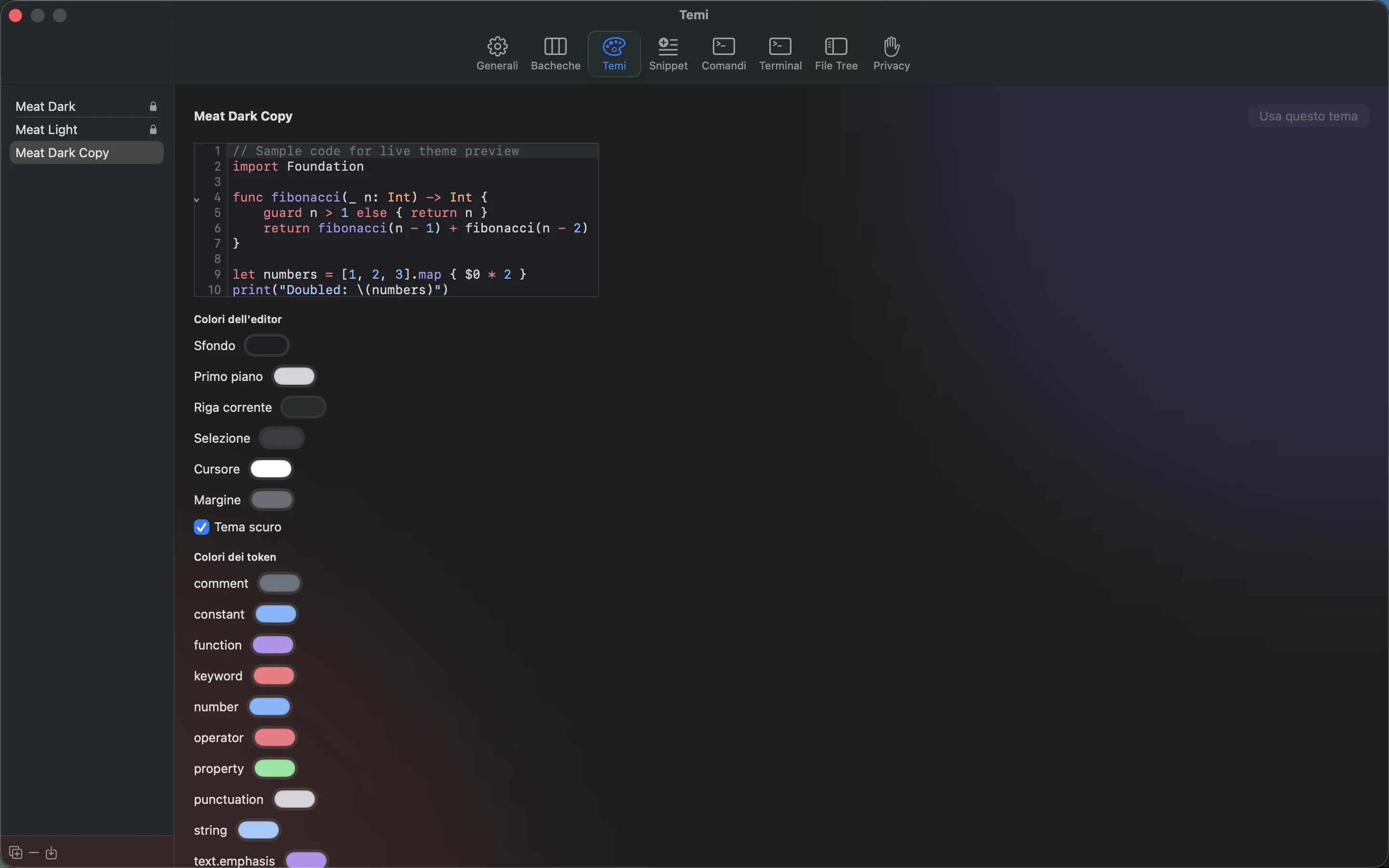 MeatPad version 0.31.4 it — Una copia modificabile di Meat Dark selezionata e attivata nelle impostazioni Themes.
