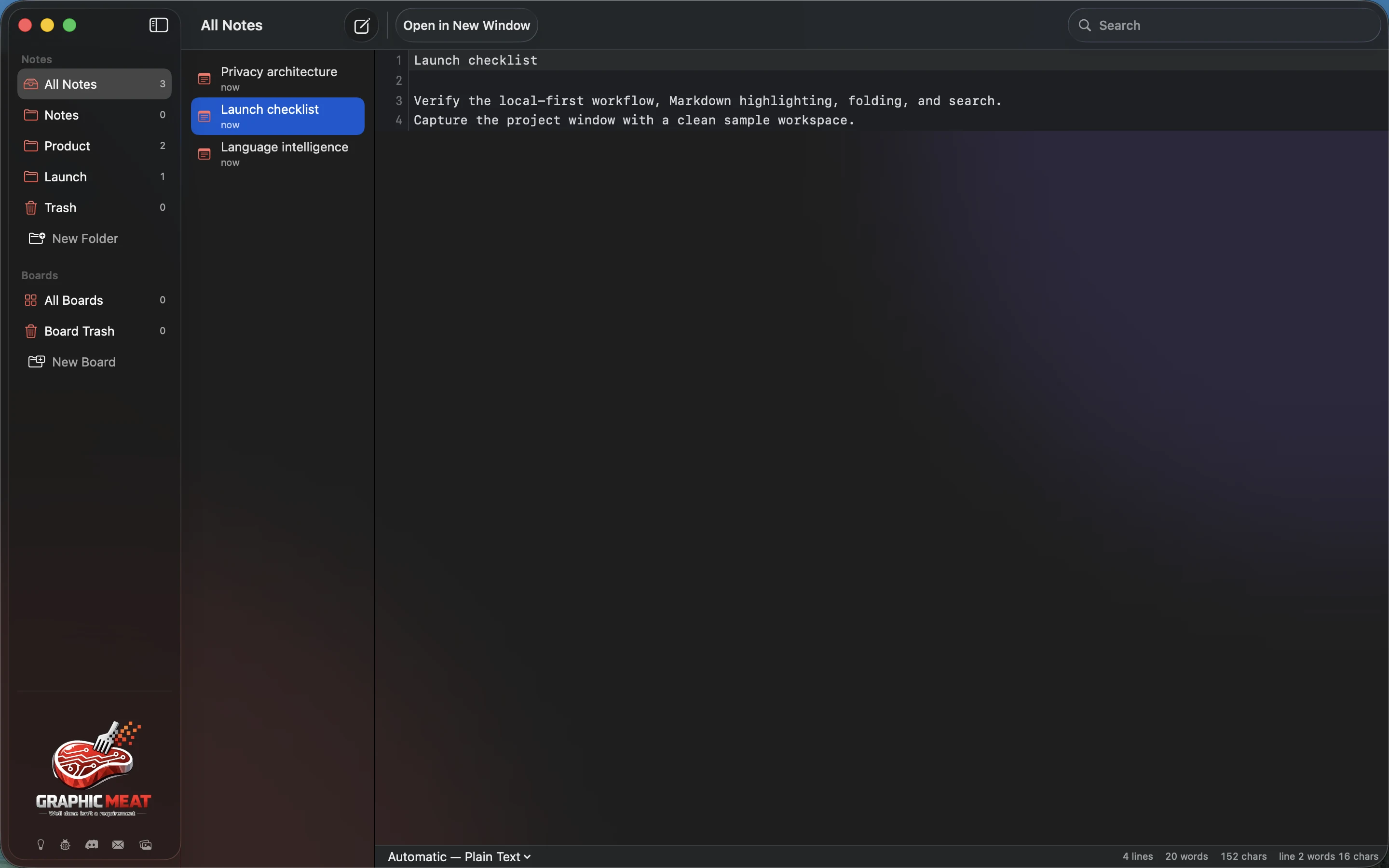 MeatPad version 0.31.4 en — Launch checklist selected in the notes library with Product and Launch folders in the sidebar.