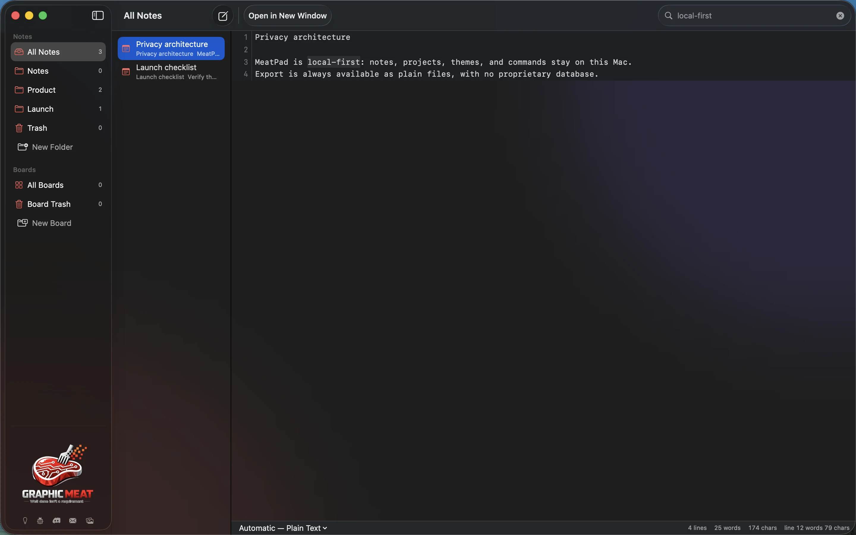 MeatPad version 0.31.4 en — MeatPad note library filtered by local-first, with matching text highlighted.