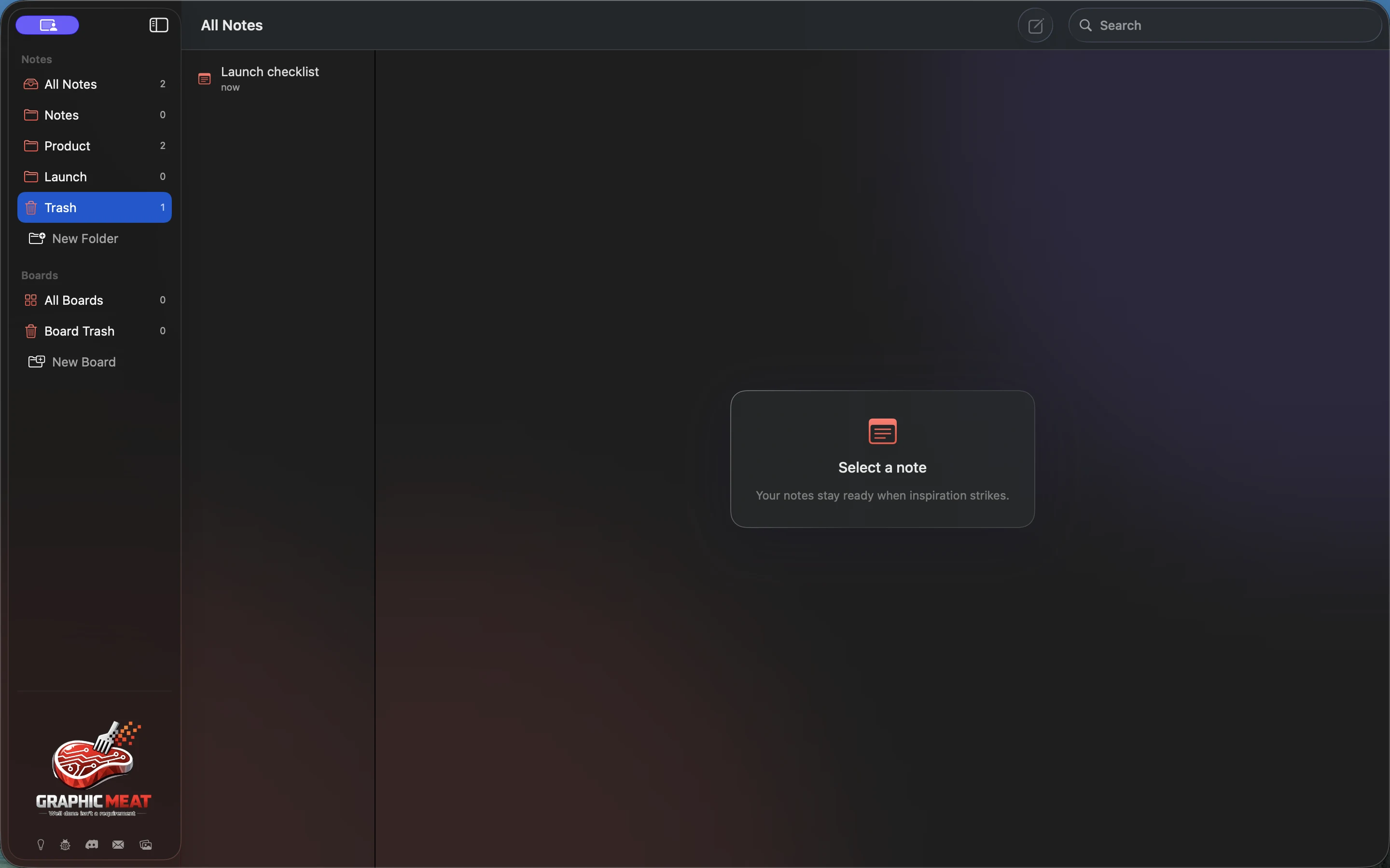 MeatPad version 0.31.4 en — Notes Trash showing the discarded synthetic Launch checklist.