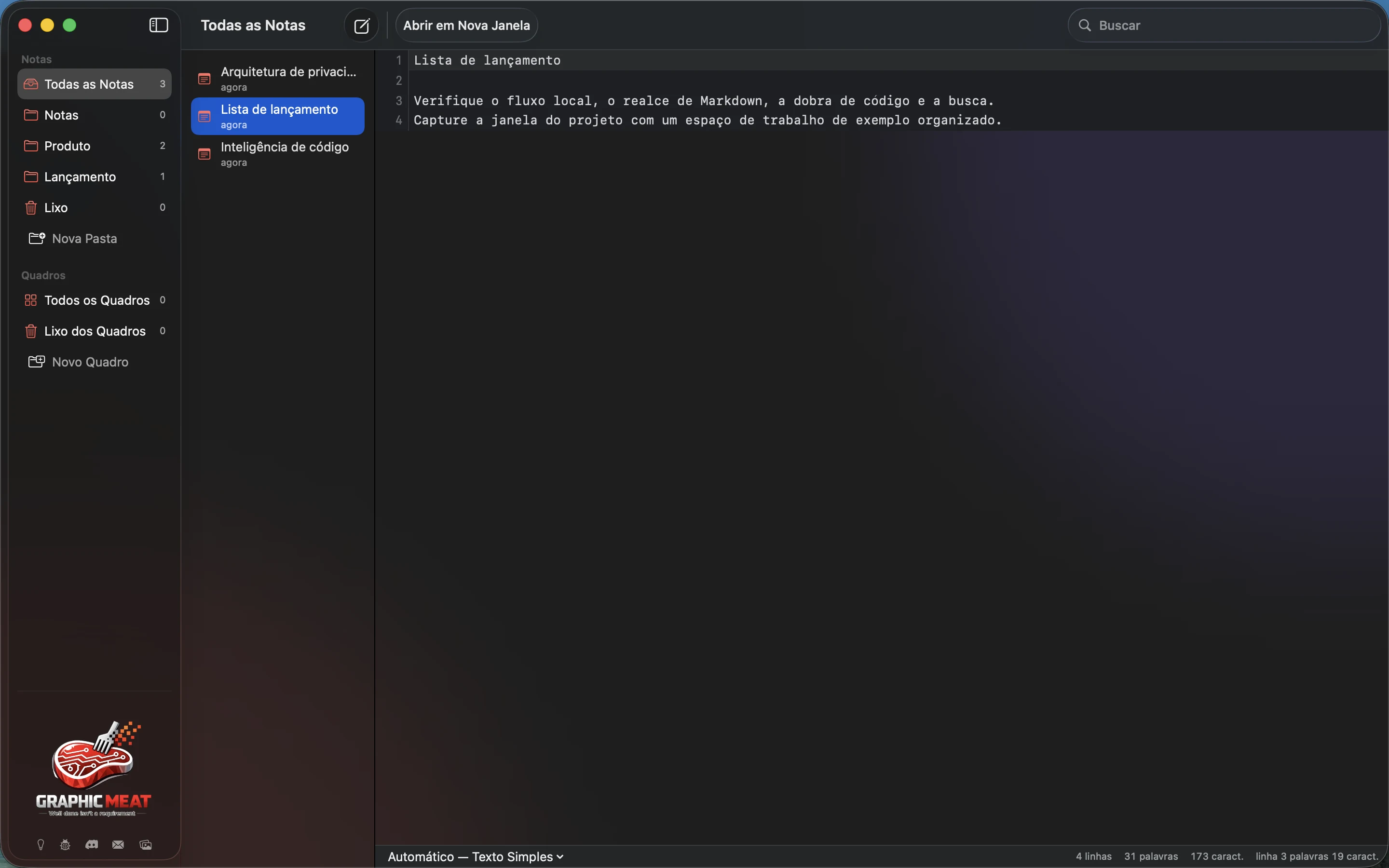 MeatPad version 0.31.4 pt-BR — A lista de verificação de lançamento selecionada, com pastas de produto e lançamento na barra lateral.