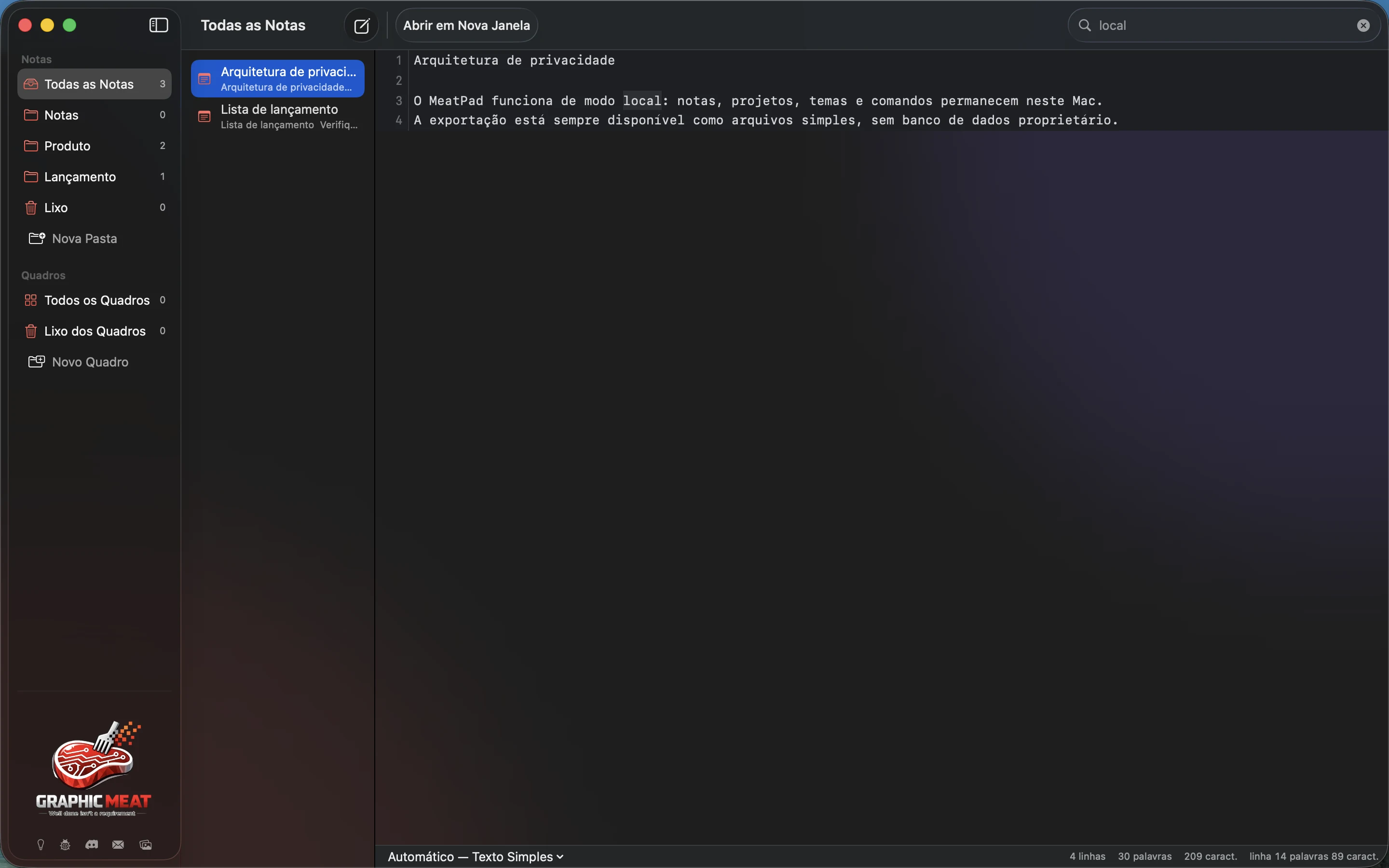 MeatPad version 0.31.4 pt-BR — A biblioteca de notas filtrada por um termo de pesquisa, com as correspondências destacadas.