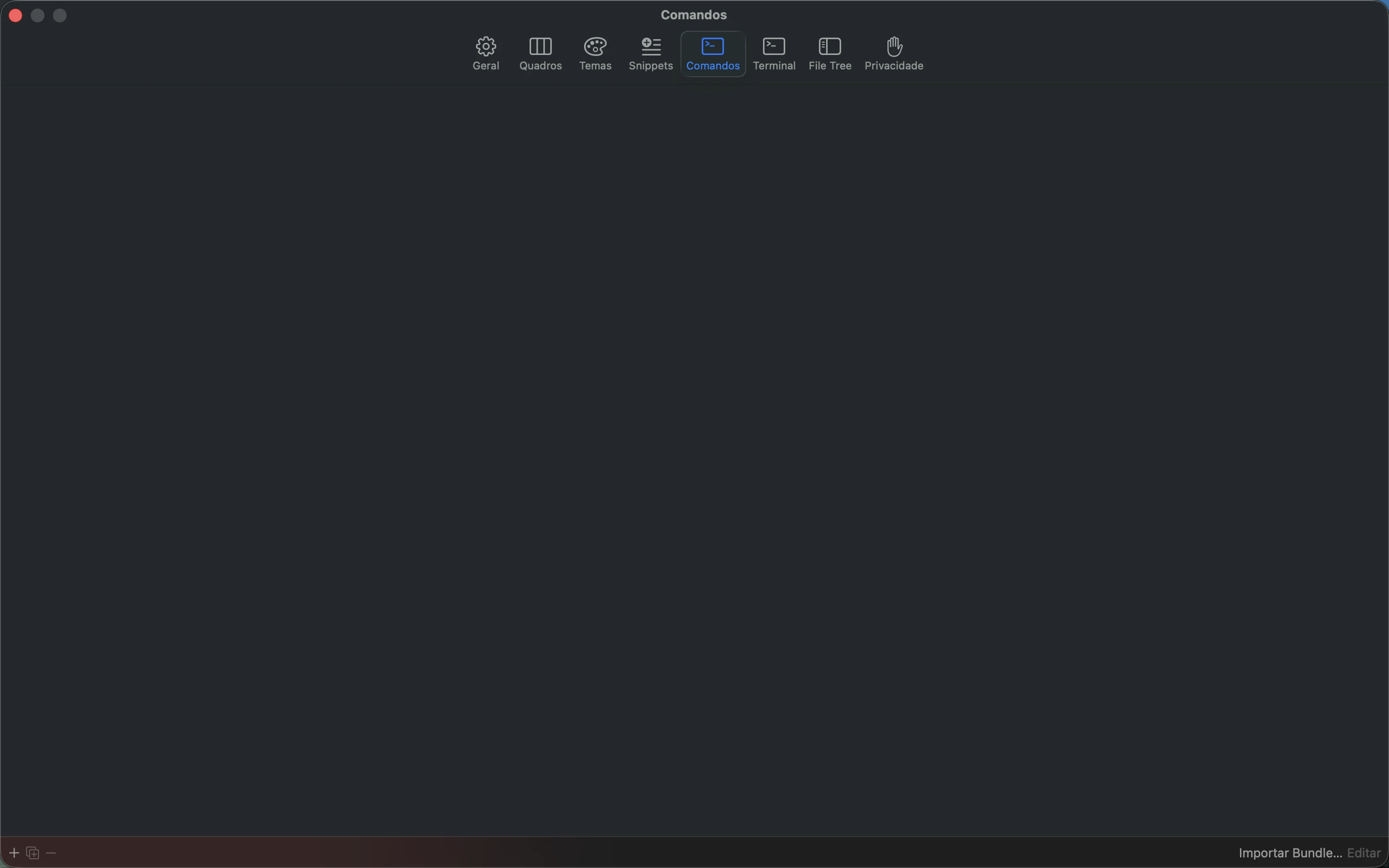 MeatPad version 0.31.4 pt-BR — As configurações de Commands do MeatPad.