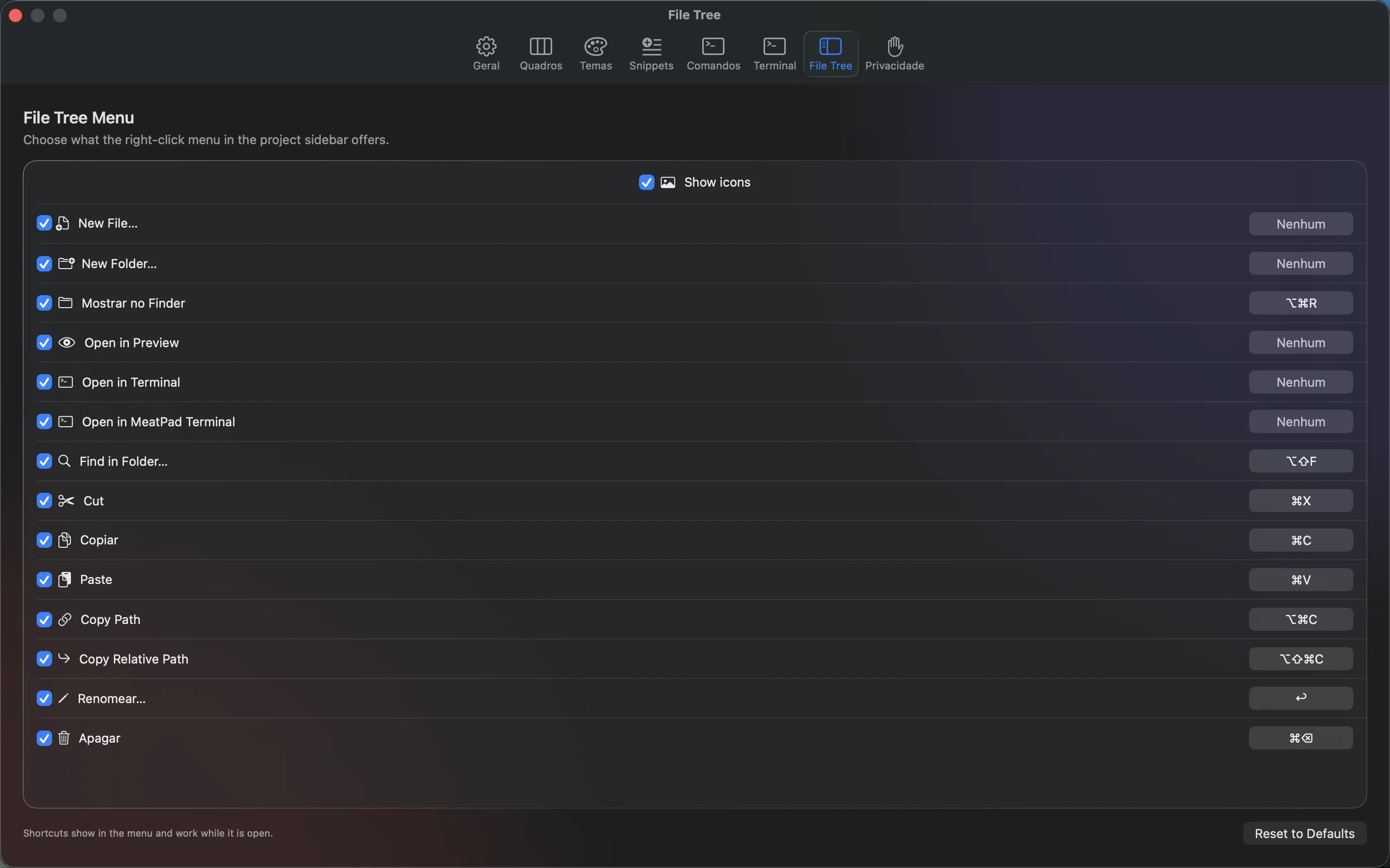 MeatPad version 0.31.4 pt-BR — As configurações de File Tree do MeatPad.