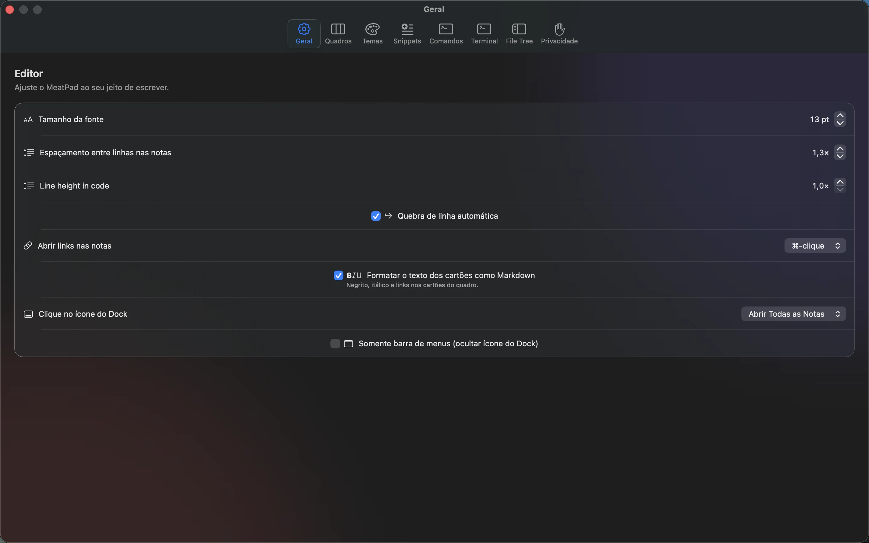 MeatPad version 0.31.4 pt-BR — As configurações de General do MeatPad.