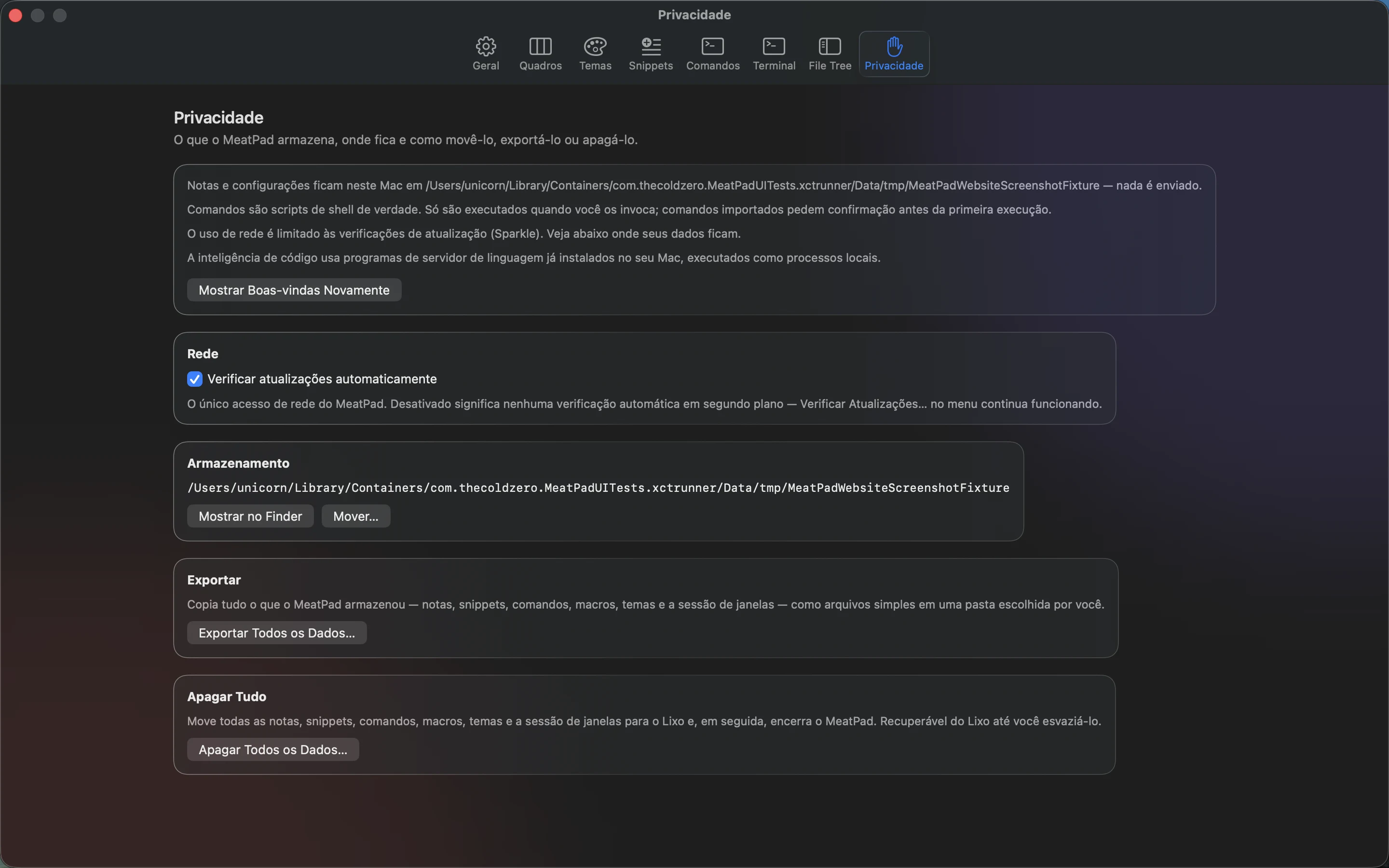 MeatPad version 0.31.4 pt-BR — As configurações de Privacy com opções de atualização, armazenamento, exportação e exclusão.