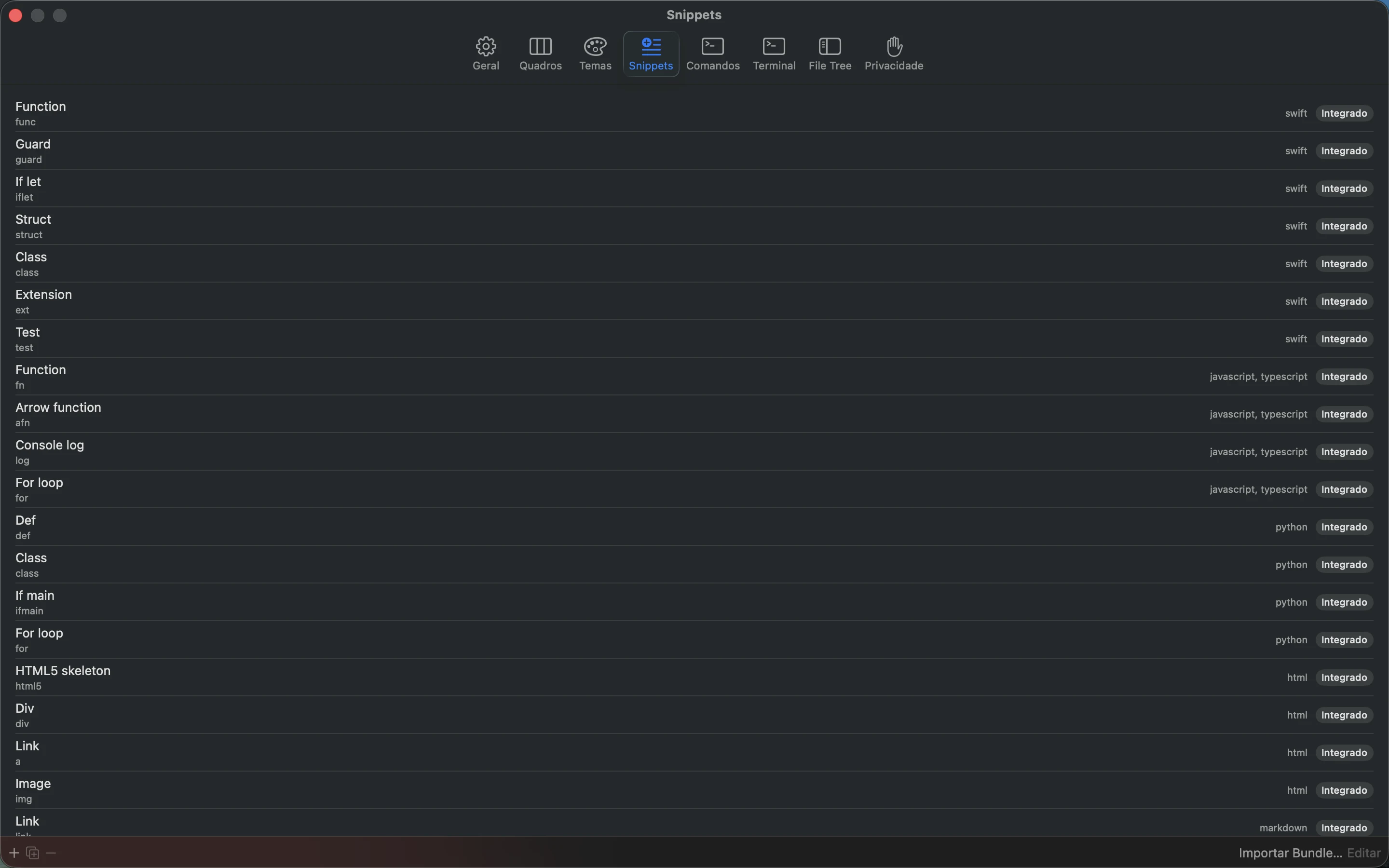 MeatPad version 0.31.4 pt-BR — As configurações de Snippets do MeatPad.