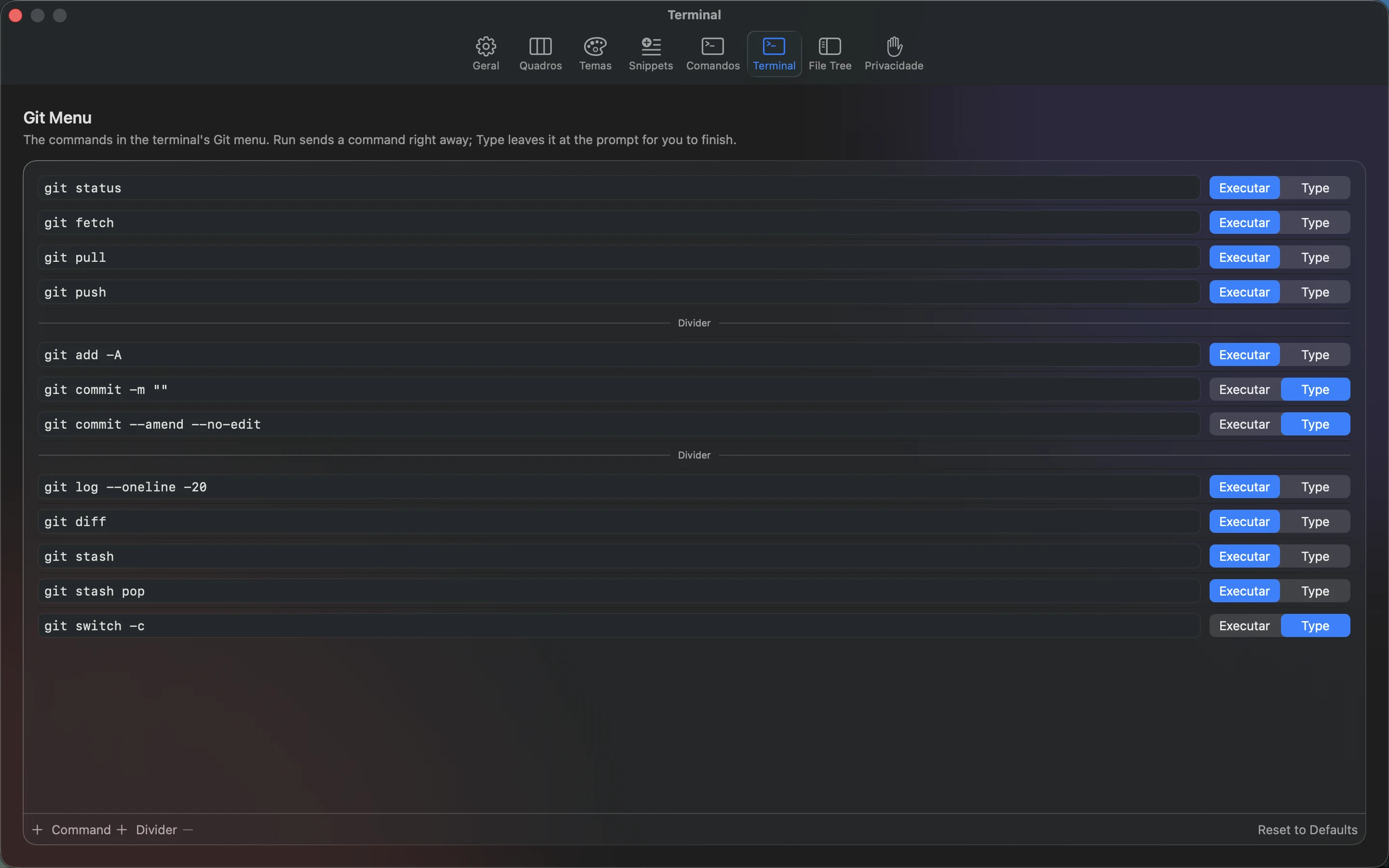 MeatPad version 0.31.4 pt-BR — As configurações de Terminal do MeatPad.