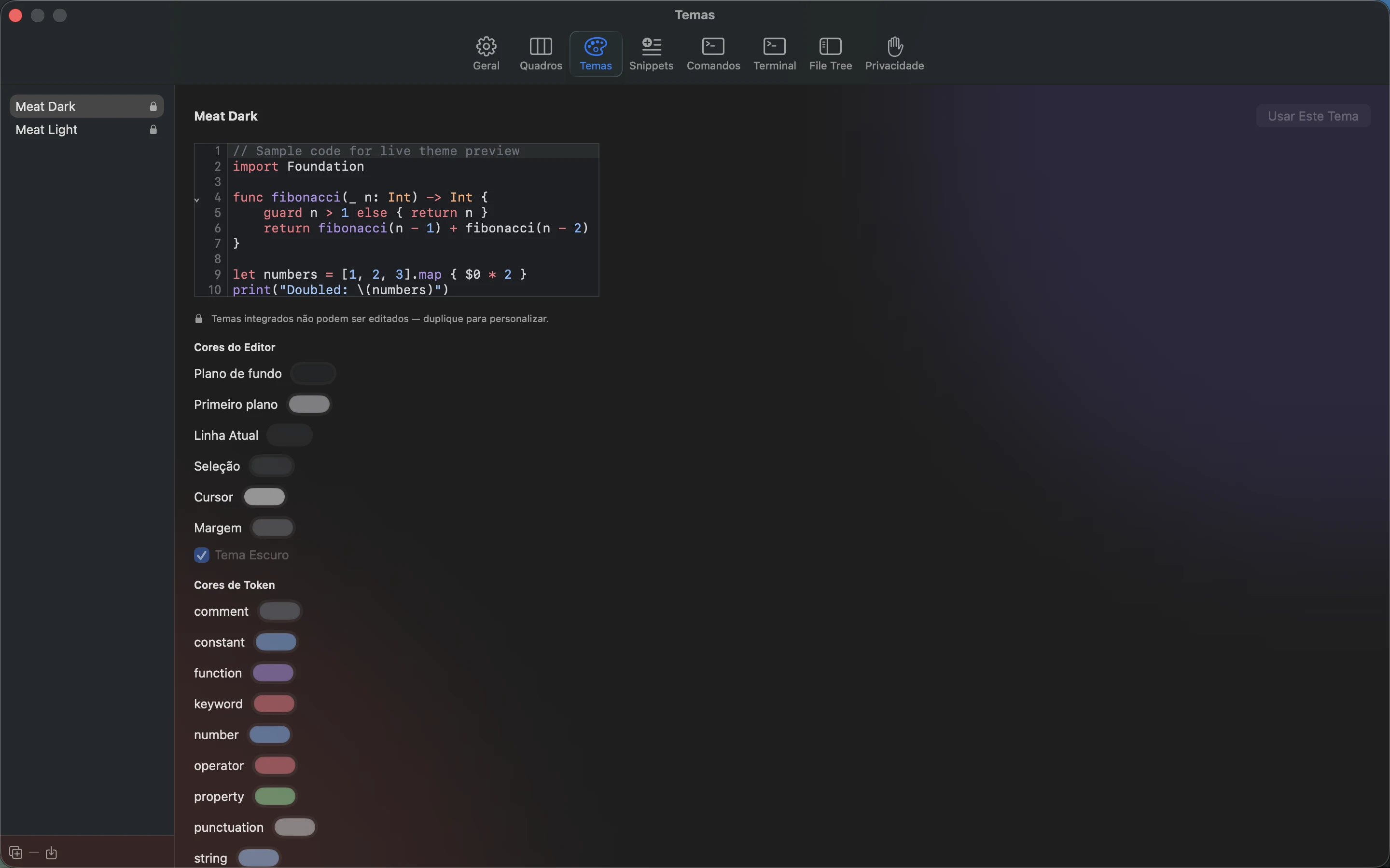 MeatPad version 0.31.4 pt-BR — As configurações de Themes com temas integrados, prévia Swift e cores do editor e dos tokens.