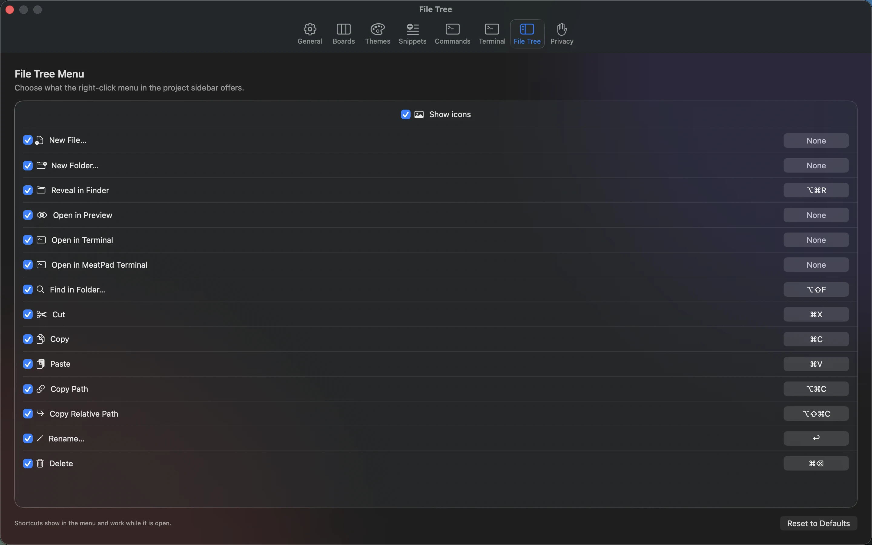 MeatPad version 0.31.4 en — MeatPad File Tree Settings.
