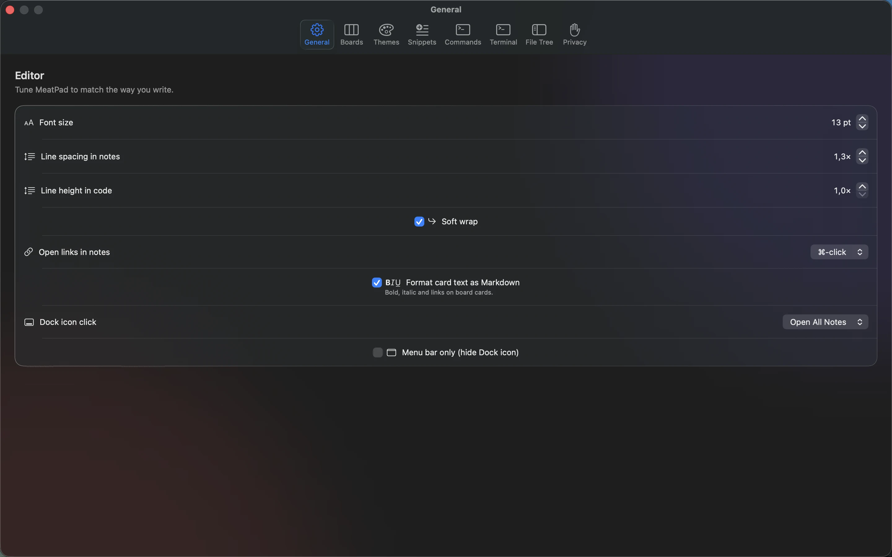 MeatPad version 0.31.4 en — MeatPad General Settings.