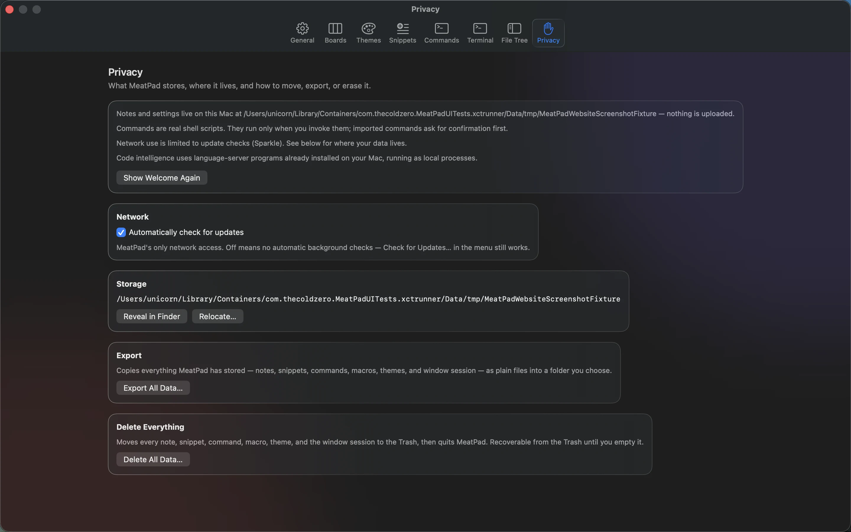 MeatPad version 0.31.4 en — Privacy Settings showing update preferences, storage, export, and deletion controls.