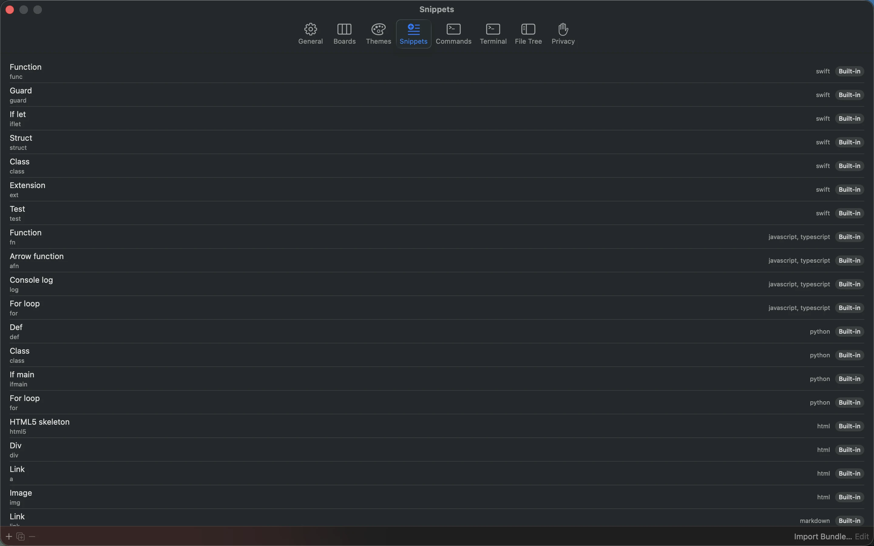 MeatPad version 0.31.4 en — MeatPad Snippets Settings.