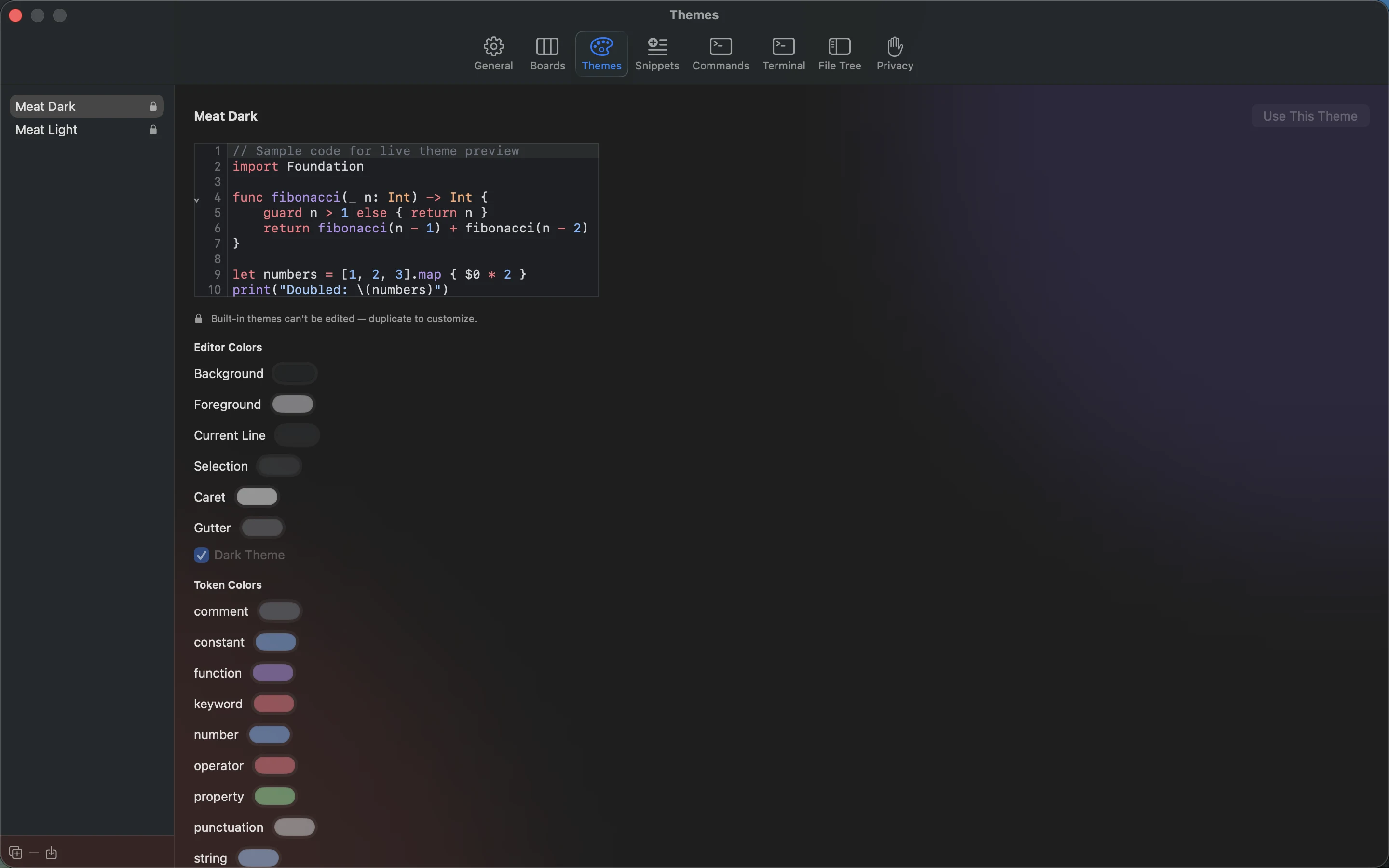 MeatPad version 0.31.4 en — Themes Settings with built-in themes, live Swift preview, editor colors, and token colors.
