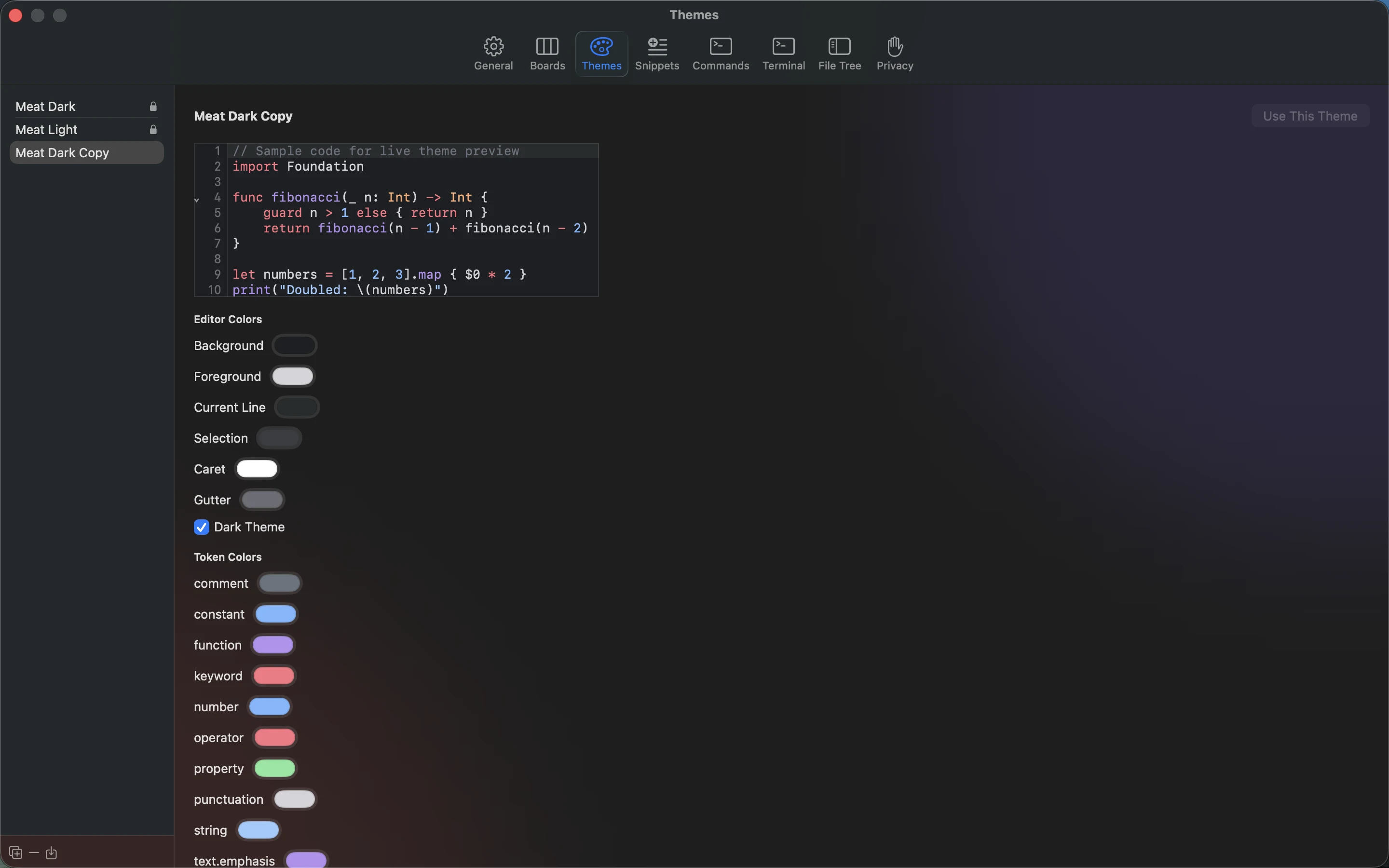 MeatPad version 0.31.4 en — An editable duplicate of Meat Dark selected and applied in Themes Settings.