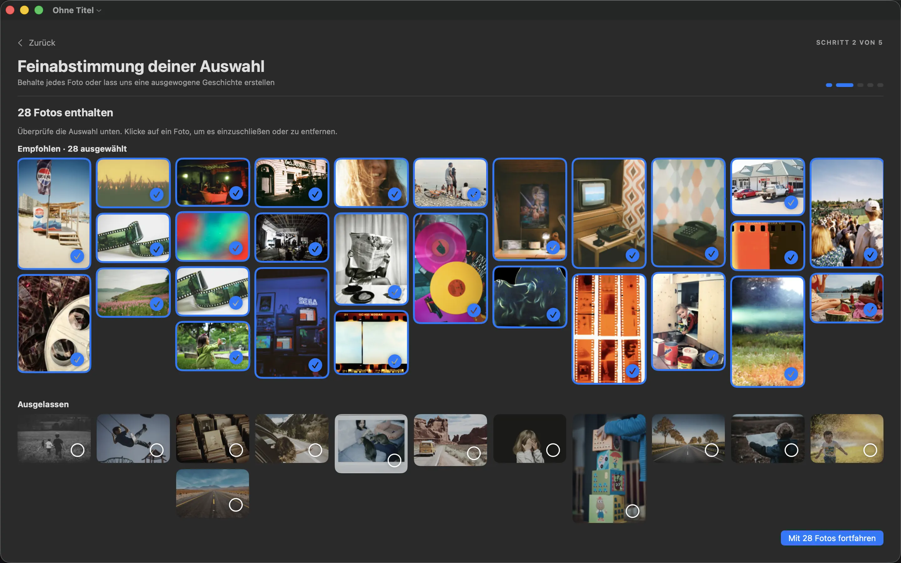 PhotoBooks Auswahlbildschirm mit einem Album mit Fotos, die für ein Buch bereit sind