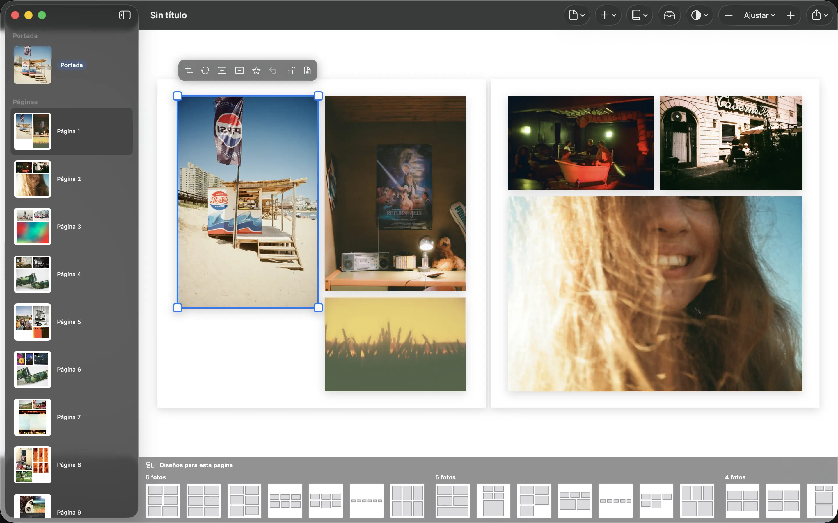 PhotoBooks herramientas de edición con fotografías dispuestas en un libro