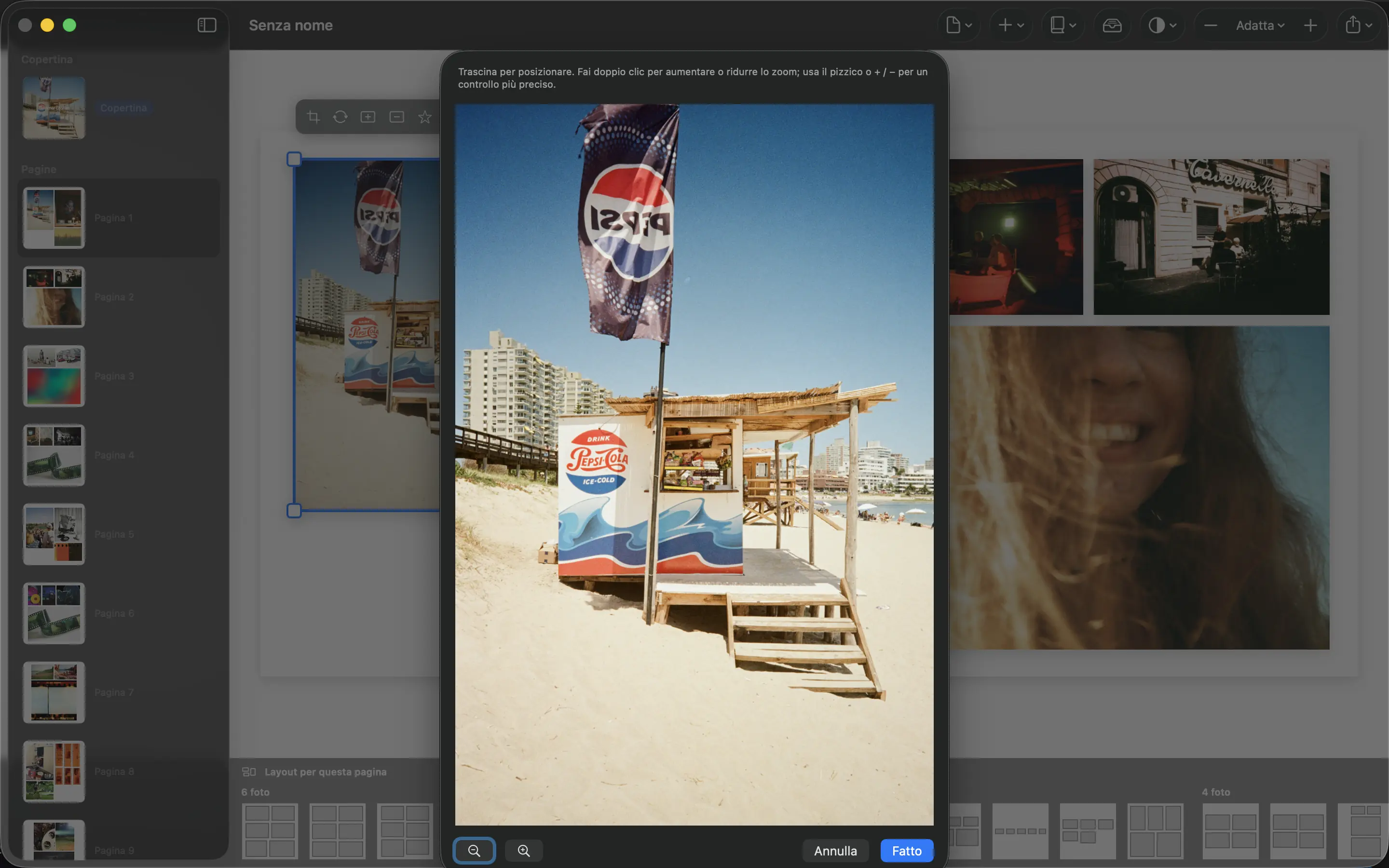 PhotoBooks editor di ritaglio per regolare il modo in cui una fotografia si adatta alla sua pagina