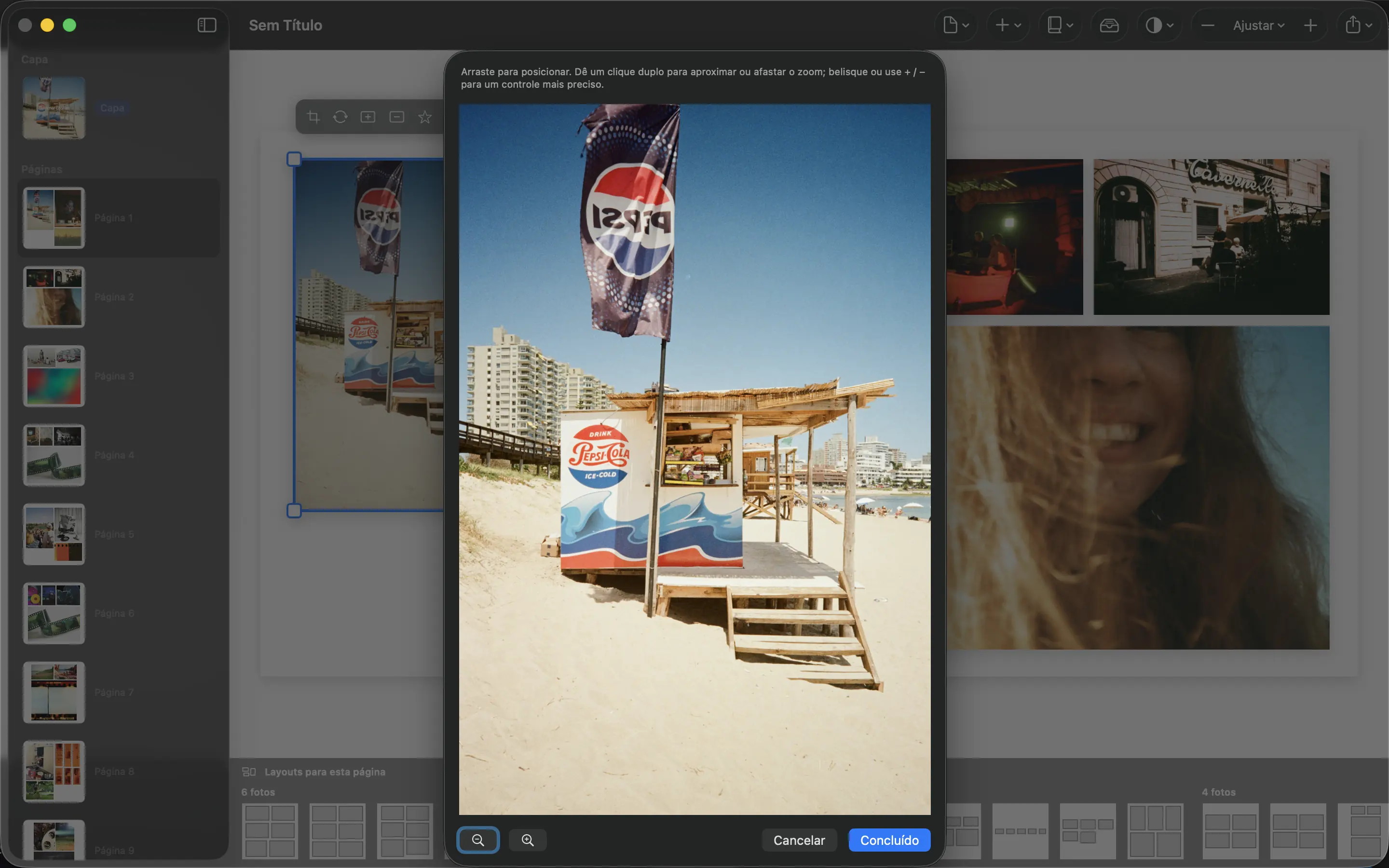 Editor de corte do PhotoBooks para ajustar como uma fotografia se encaixa na página