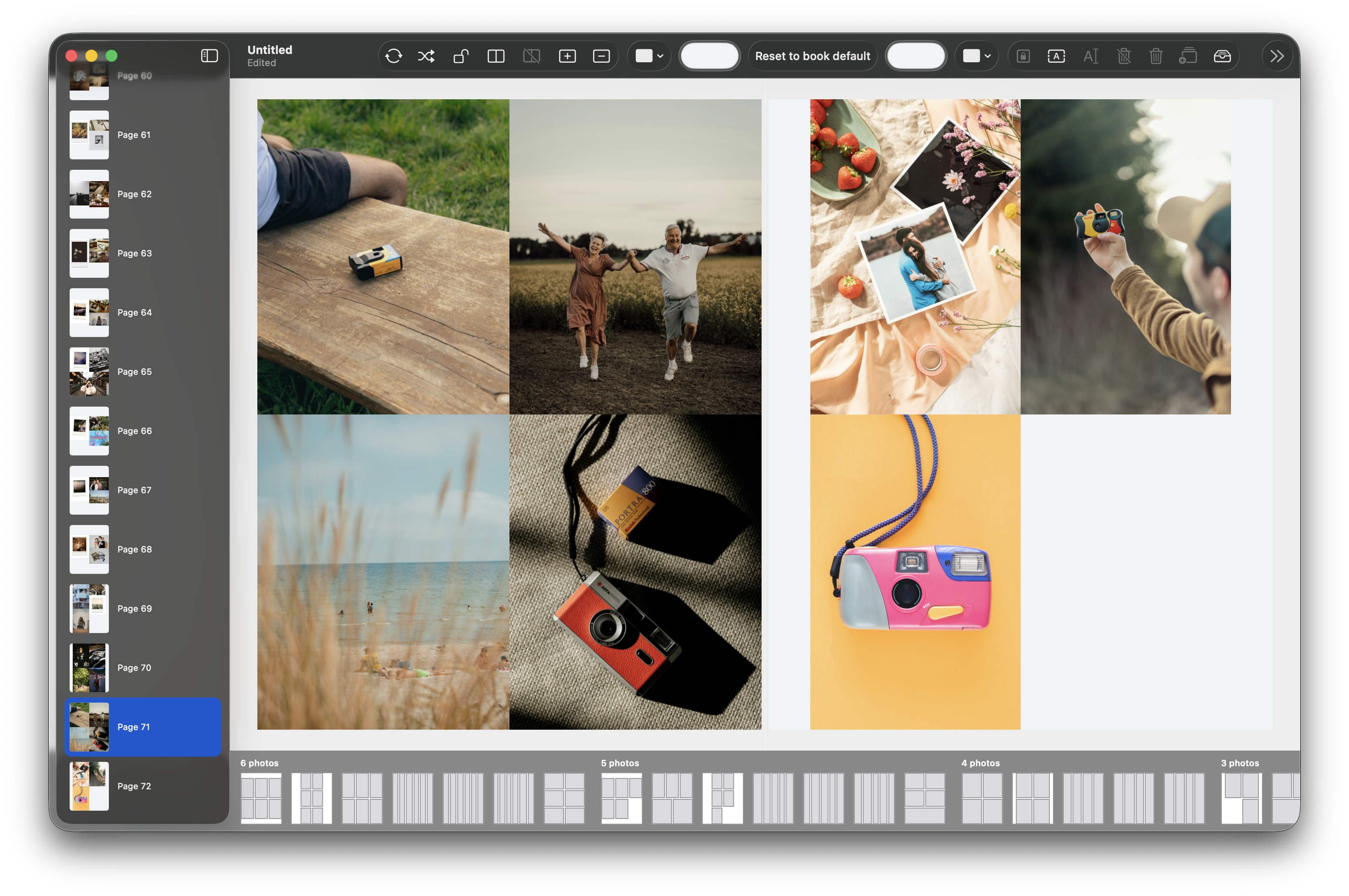A PhotoBooks spread using an automatic masonry-style collage of six camera photographs